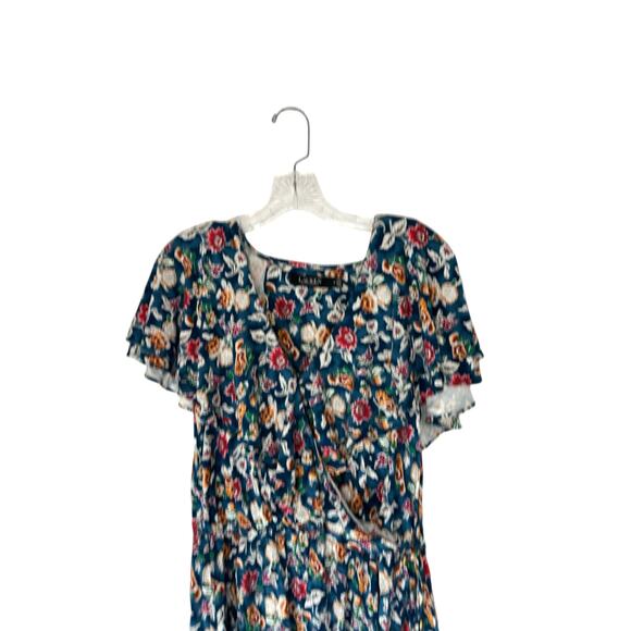 Ralph Lauren Black Label Stretch V-Neck Faux Wrap Blue Ruffle Blouse Medium - Picture 3 of 13